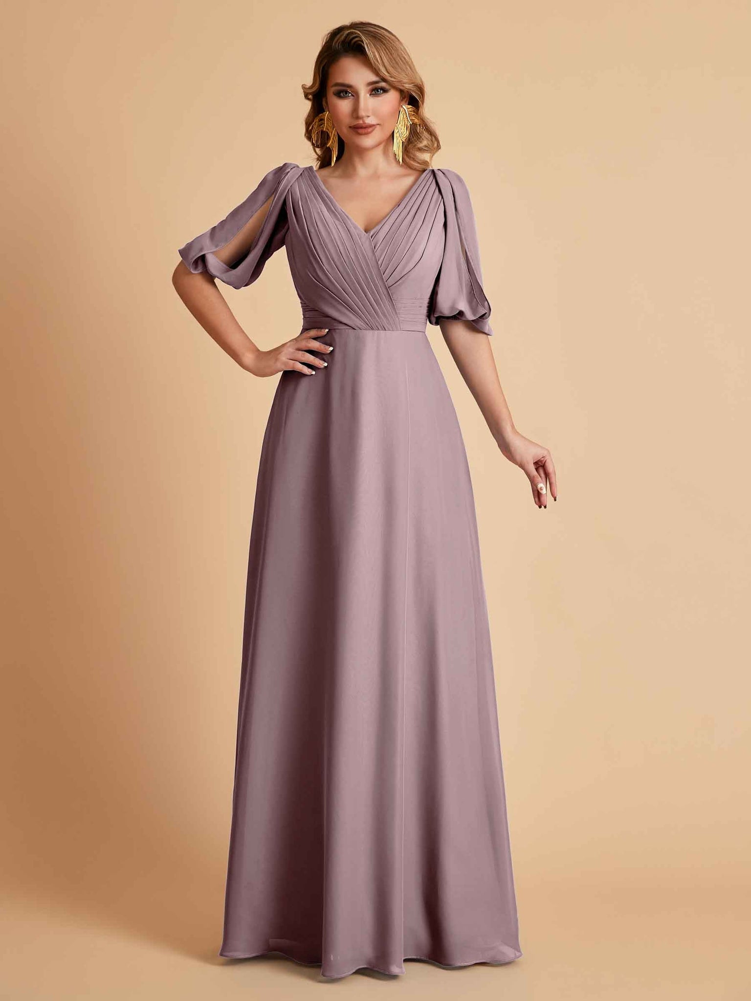 Elegant Chiffon Half Sleeves V-Neck Mother of the Brides Dresses UK Online