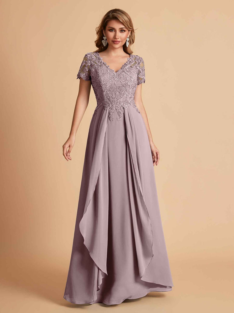 Chiffon Short Sleeves V-neck Lace Mother of the Brides Dresses UK