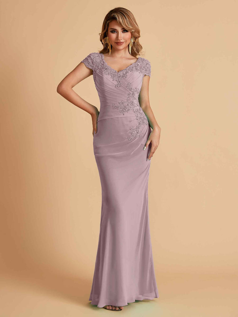 Elegant Mermaid Chiffon Cap Sleeves V-Neck Lace Mother of the Brides Dresses Online UK