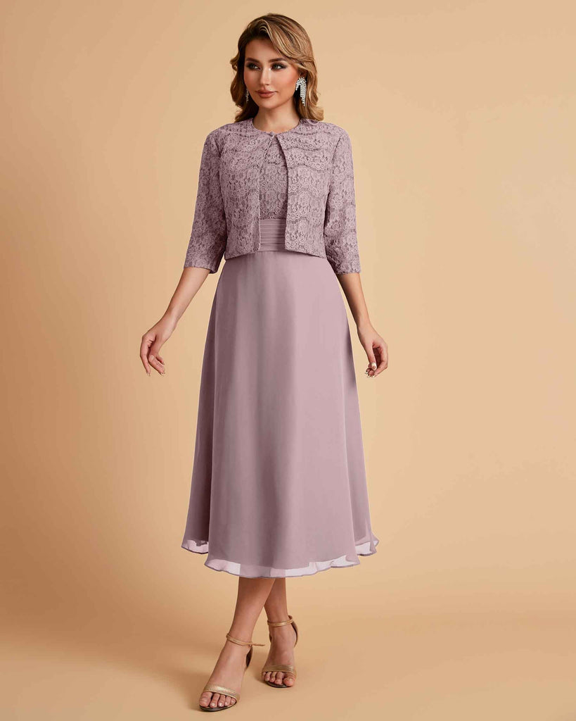 Elegant A-line Bateau Sleeveless Tea Length Short Mother of the Brides Dresses and Jacket