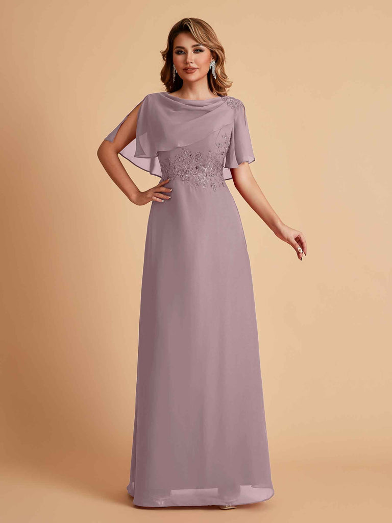 Elegant A-Line Chiffon Half Sleeves Cowl Neck Mother of the Brides Dresses Online UK