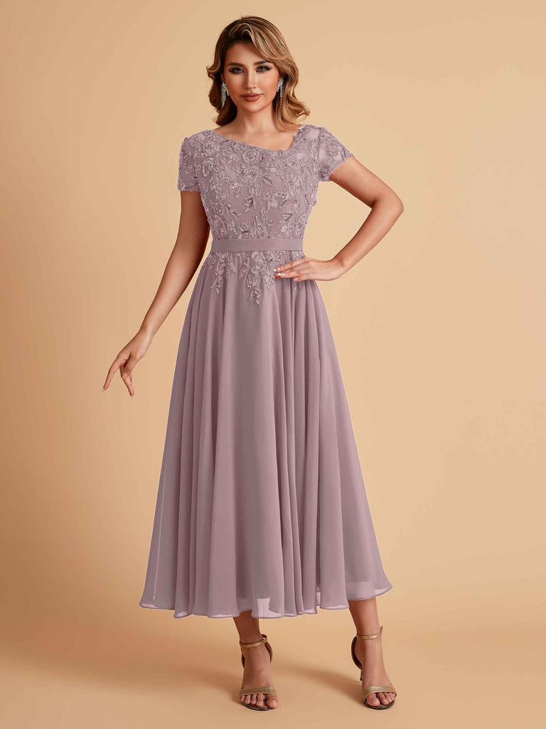 Elegant Chiffon Short Sleeves Short Midi Mother of the Brides Dresses UK Online