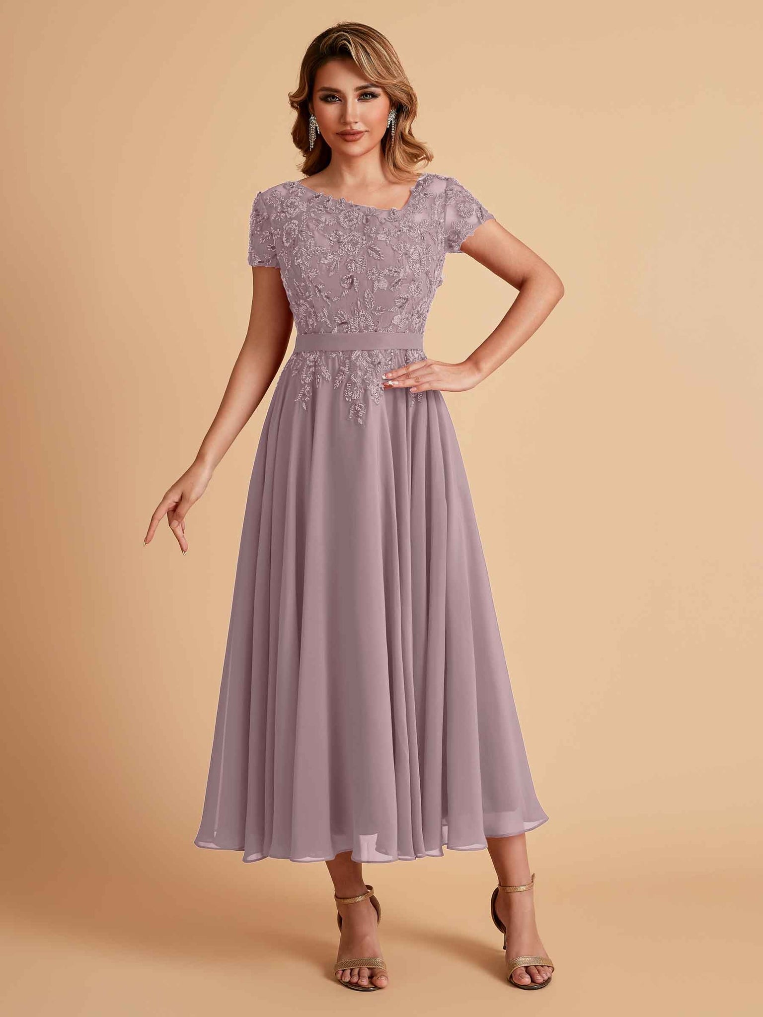 Elegant Chiffon Short Sleeves Short Midi Mother of the Brides Dresses UK Online
