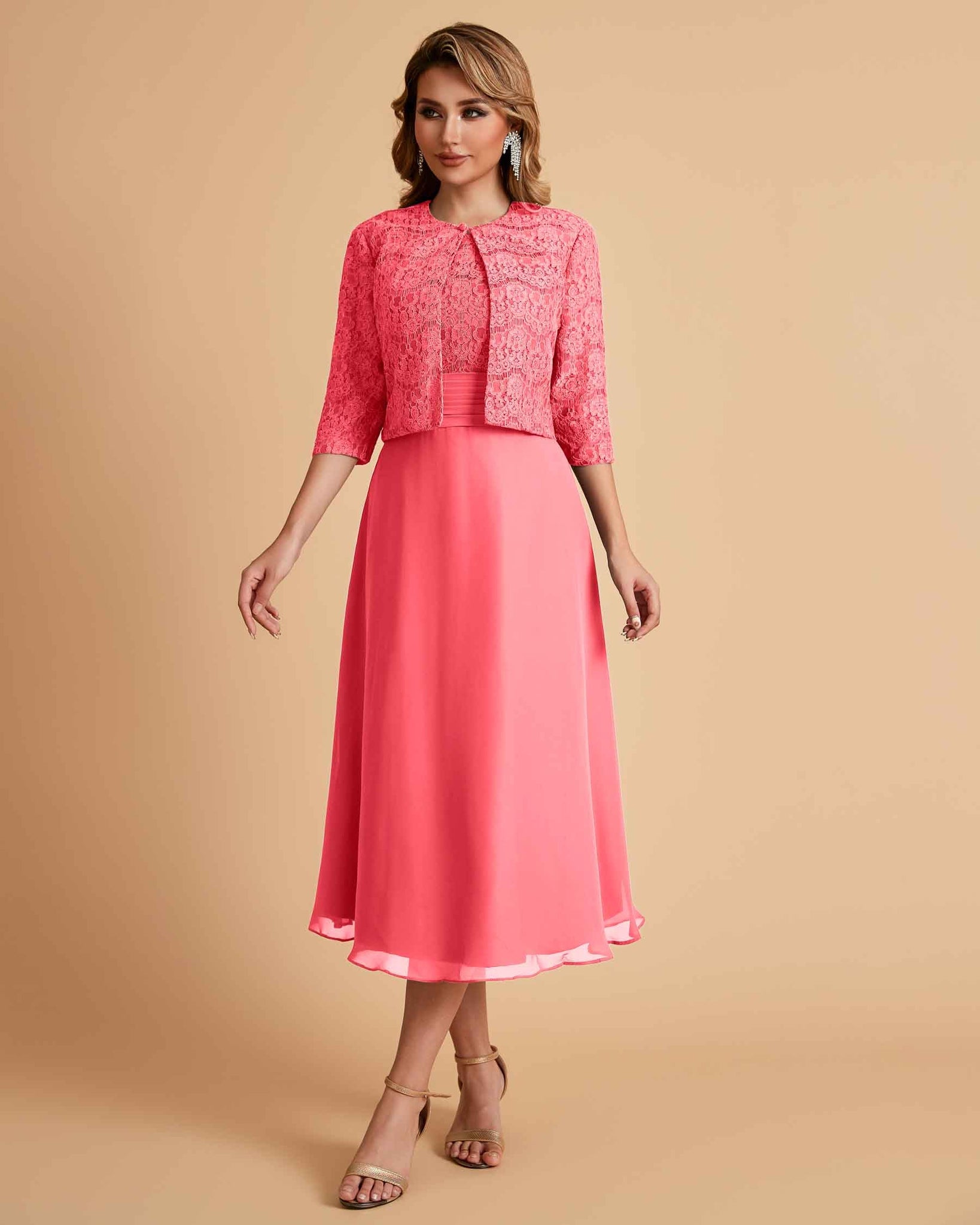 Elegant A-line Bateau Sleeveless Tea Length Short Mother of the Brides Dresses and Jacket
