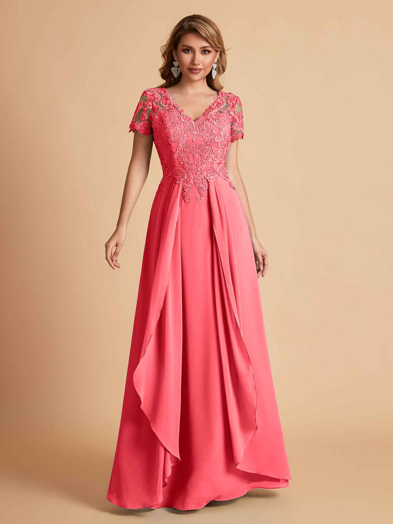 Chiffon Short Sleeves V-neck Lace Mother of the Brides Dresses UK