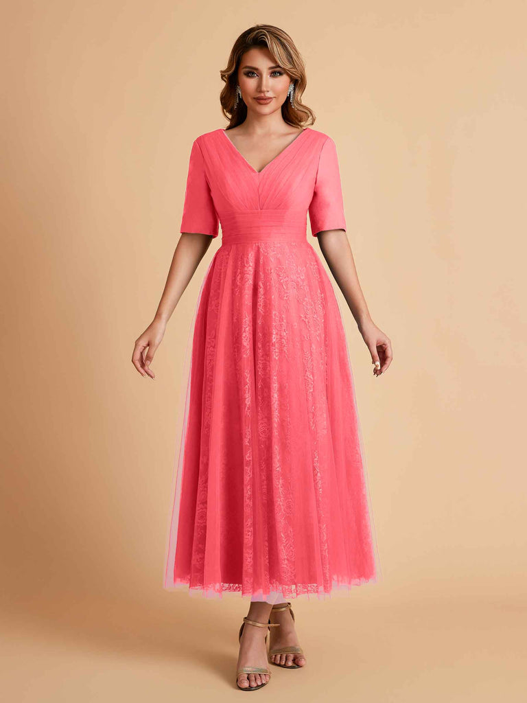 Elegant A-line Short Sleeves Tulle Lace V-neck Maxi Mother of the Brides Dresses Online UK