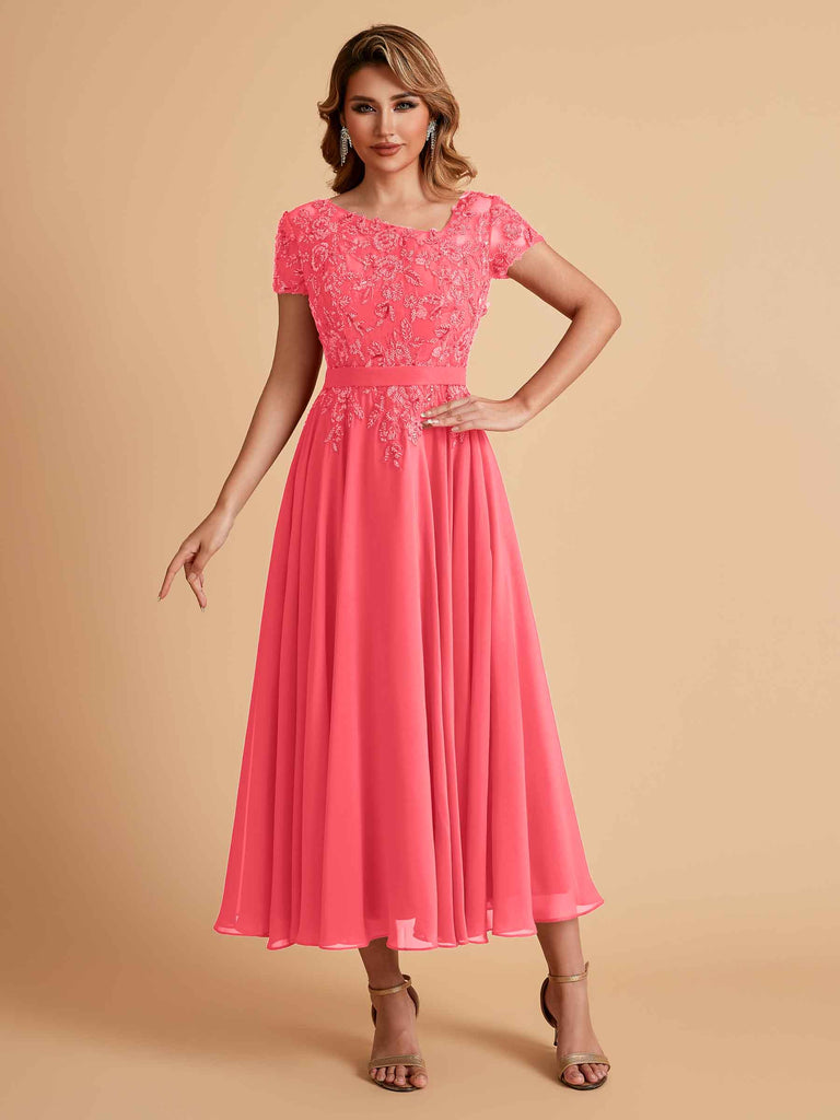 Elegant Chiffon Short Sleeves Short Midi Mother of the Brides Dresses UK Online