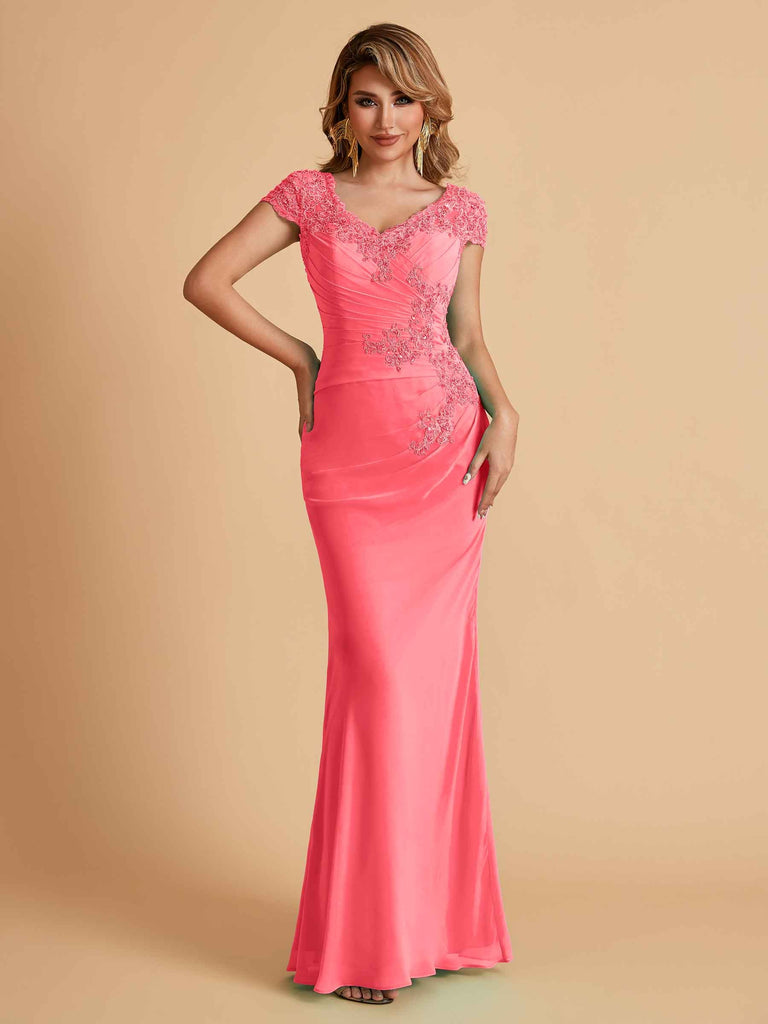 Elegant Mermaid Chiffon Cap Sleeves V-Neck Lace Mother of the Brides Dresses Online UK