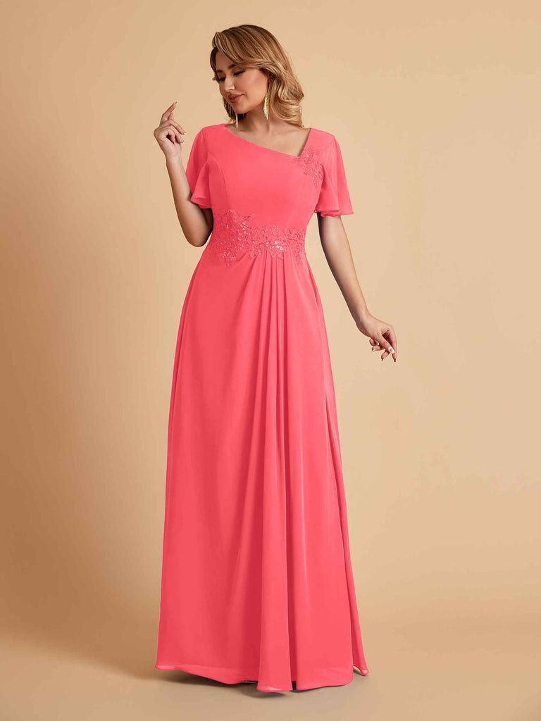 Elegant A-Line Chiffon Short Sleeves V-Neck Mother of the Brides Dresses Online