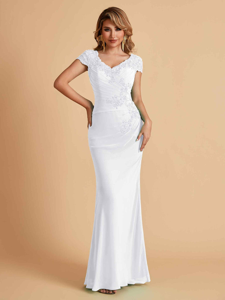Elegant Mermaid Chiffon Cap Sleeves V-Neck Lace Mother of the Brides Dresses Online UK