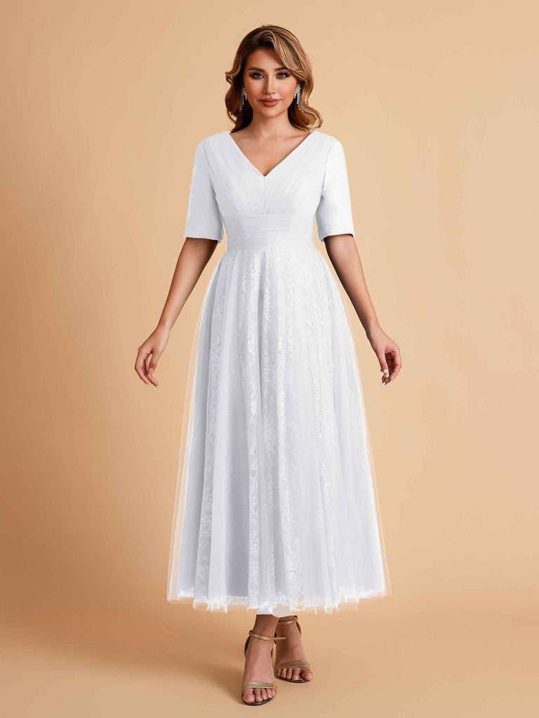 Elegant A-line Short Sleeves Tulle Lace V-neck Maxi Mother of the Brides Dresses Online UK