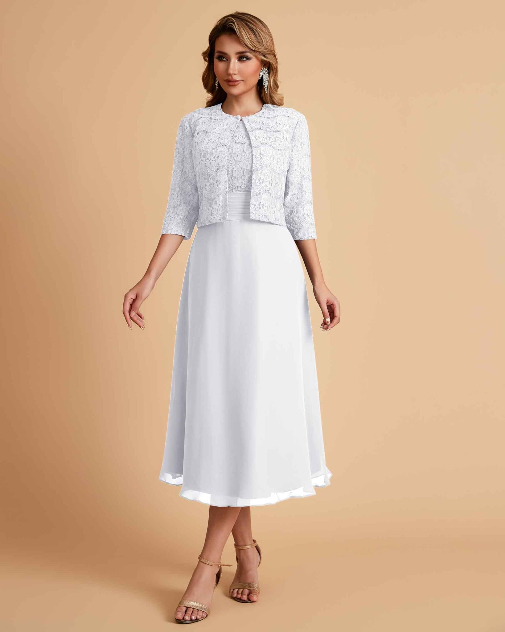 Elegant A-line Bateau Sleeveless Tea Length Short Mother of the Brides Dresses and Jacket
