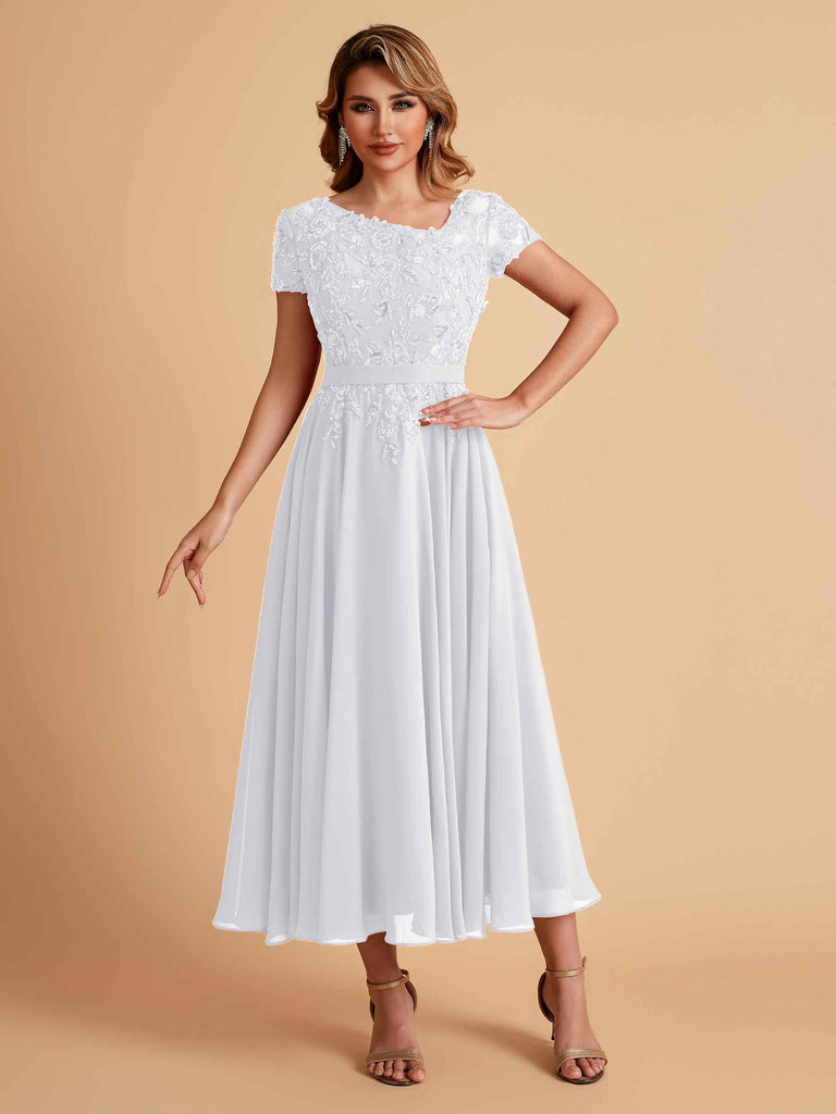 Elegant Chiffon Short Sleeves Short Midi Mother of the Brides Dresses UK Online