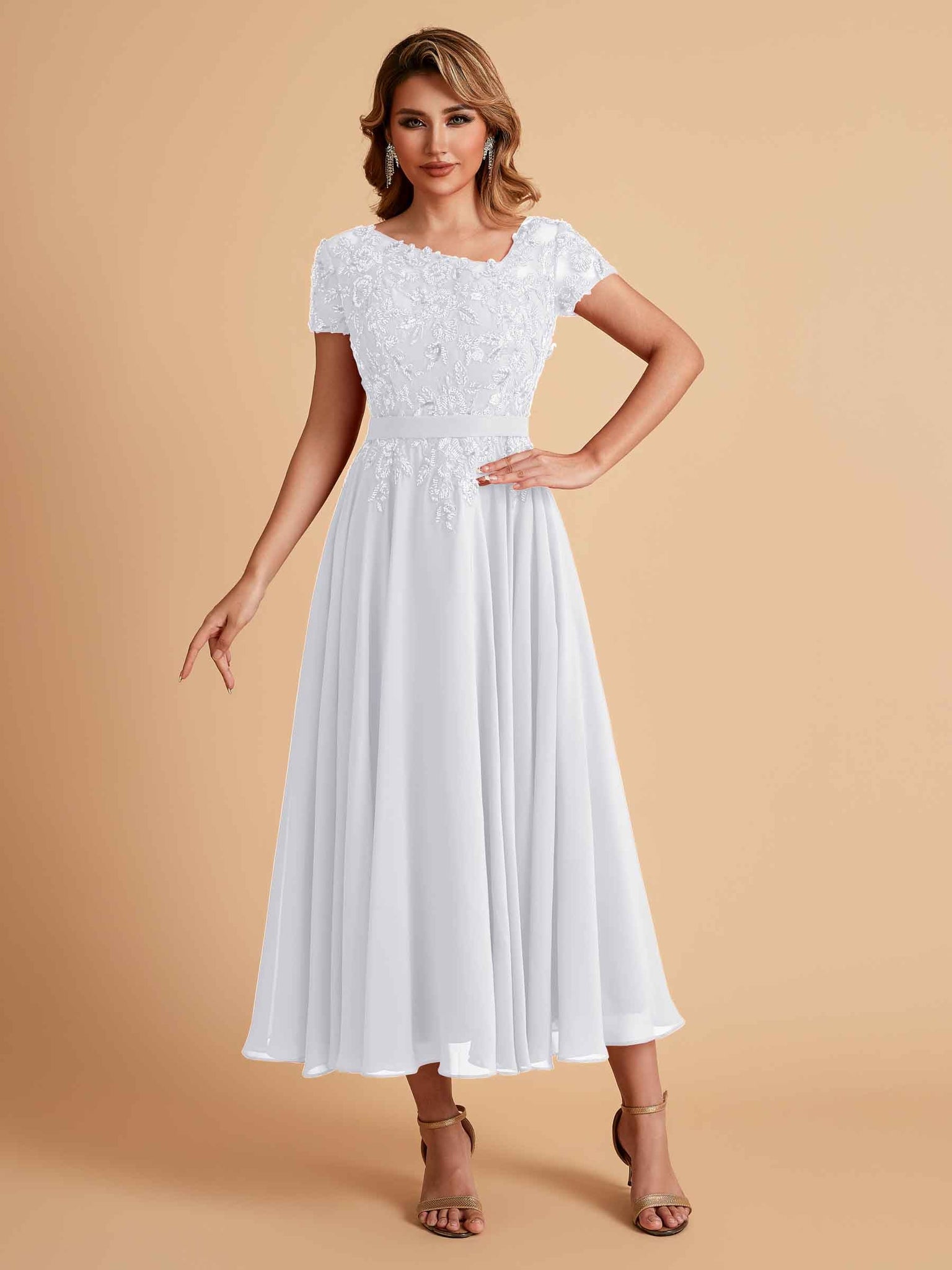 Elegant Chiffon Short Sleeves Short Midi Mother of the Brides Dresses UK Online