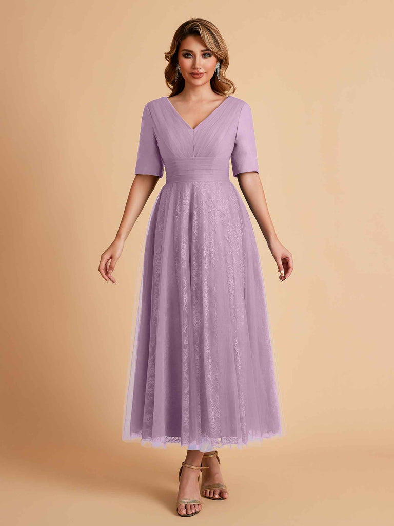 Elegant A-line Short Sleeves Tulle Lace V-neck Maxi Mother of the Brides Dresses Online UK