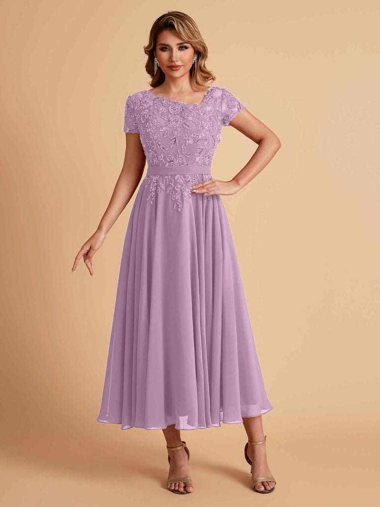 Elegant Chiffon Short Sleeves Short Midi Mother of the Brides Dresses UK Online