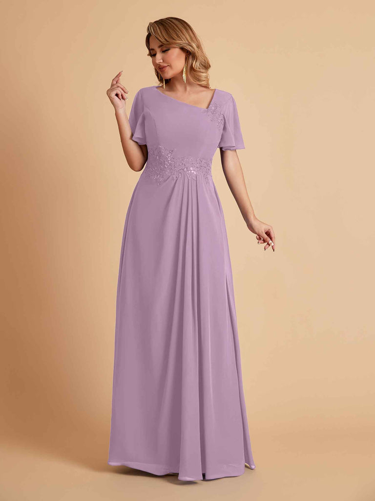 Elegant A-Line Chiffon Short Sleeves V-Neck Mother of the Brides Dresses Online