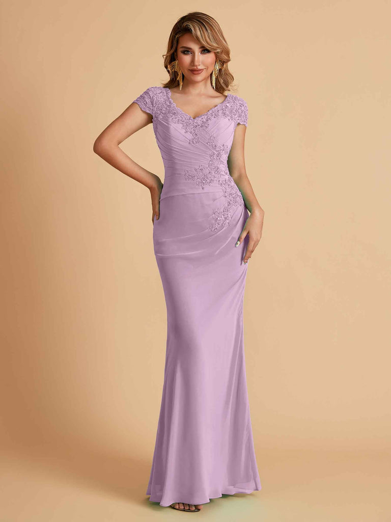 Elegant Mermaid Chiffon Cap Sleeves V-Neck Lace Mother of the Brides Dresses Online UK