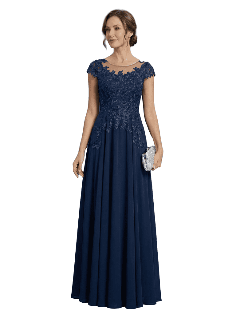 Elegant A-Line Lace Appliques Jewel Cap Sleeves Mother of The Bride Dresses