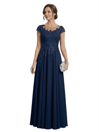 Elegant A-Line Lace Appliques Jewel Cap Sleeves Mother of The Bride Dresses