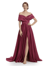 Chicsew Mother of The Groom Dresses Elegant Off the Shoulder Satin Train Gown Slit Fancy Ruched Formal Bridal Party Dress