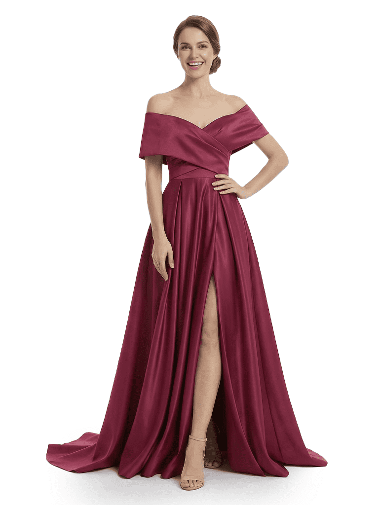 Chicsew Mother of The Groom Dresses Elegant Off the Shoulder Satin Train Gown Slit Fancy Ruched Formal Bridal Party Dress