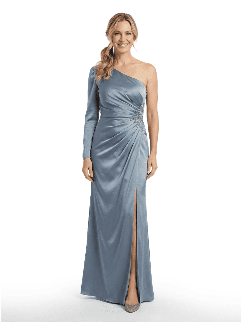 Classy One Shoulder Long Sleeve Floor-Length Satin Mother of The Bride Dress