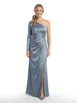 Classy One Shoulder Long Sleeve Floor-Length Satin Mother of The Bride Dress