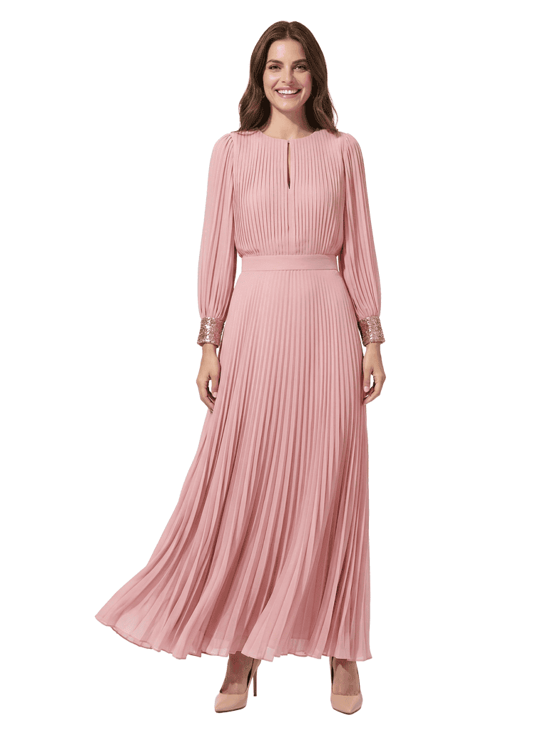 Unique Pleated  A-Line Long Sleeves Chiffon Maxi Mother Of The Bride Dress
