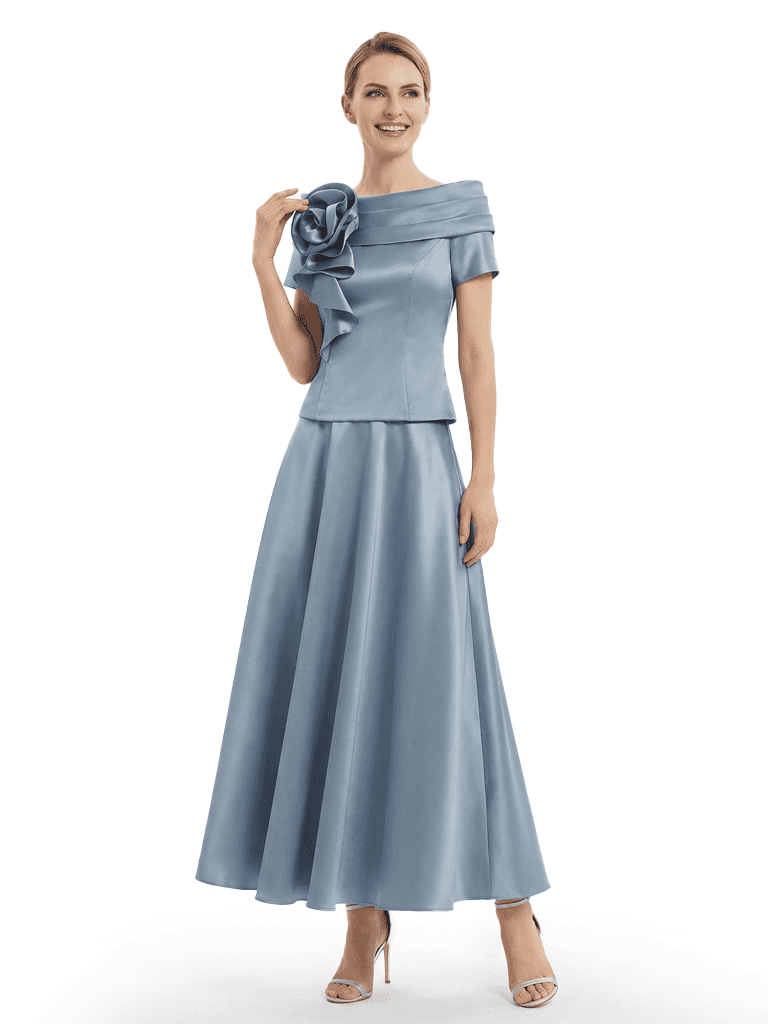 Unique Short Sleeves Off Shoulder A-Line Satin Mother of the Groom Evening Dress