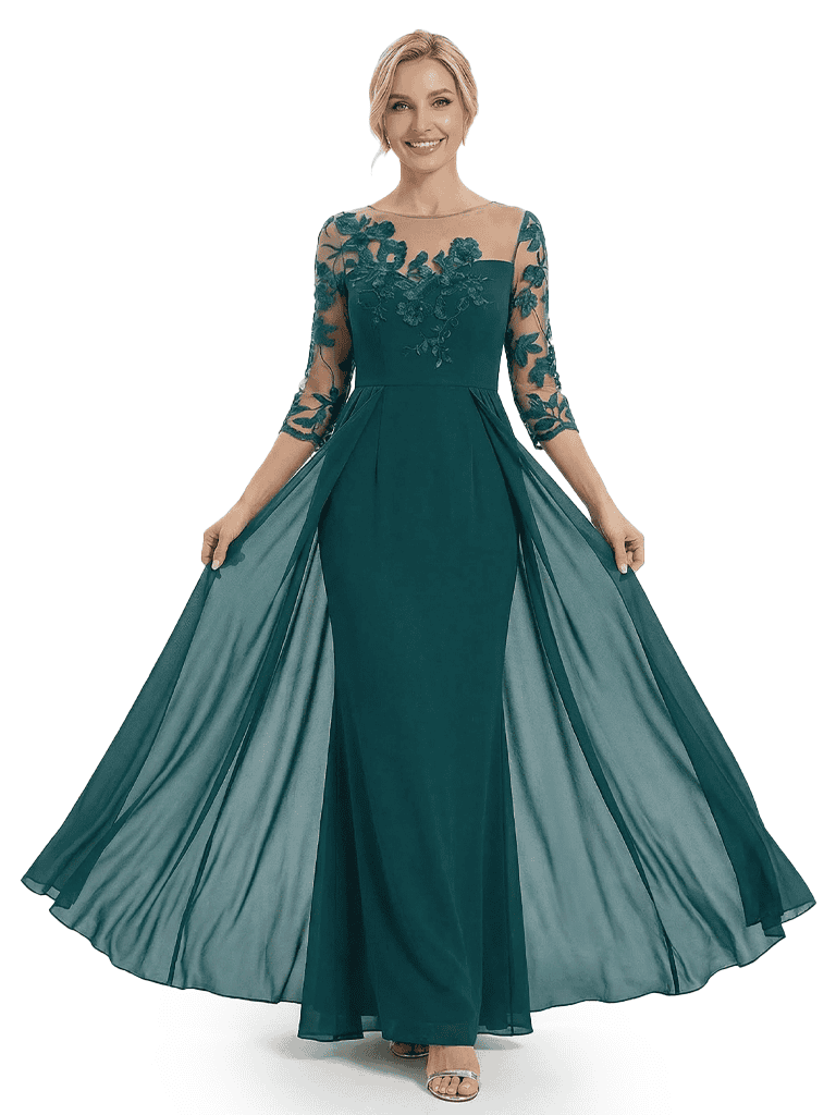 Chicsew Unique Mother of The Bride Dress Illusion Lace Long Sleeves Overlay Chiffon Floor Length Flowy Elegant Formal Occasion Gown
