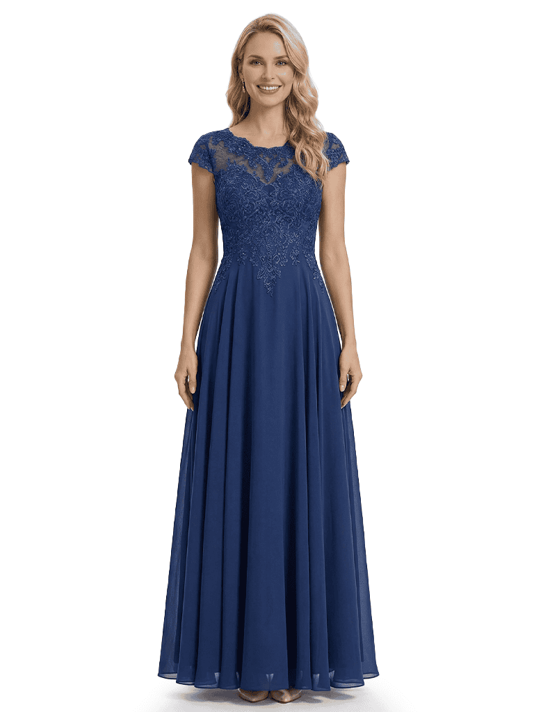 Exquisite Cap Sleeves Lace Applique Floor Length Maxi Mother Of The Bride Dress
