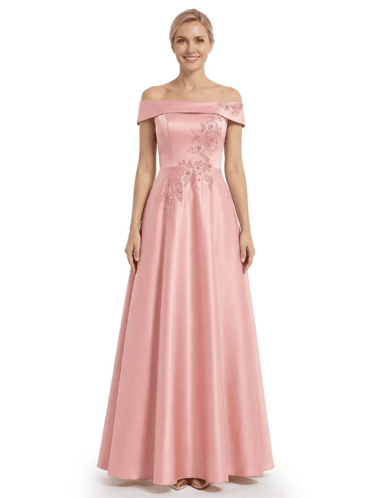 Beautiful Off Shoulder Satin Long Lace Applique Chic Mother of The Bride Dresses