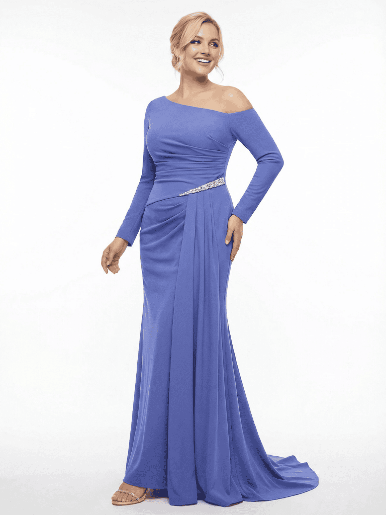 Chicsew Mother of The Bride Dresses Asymmetrical Long Sleeve Crepe Maxi Gown Elegant Formal Wedding Event Attire