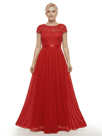 Chicsew Mother of The Bride Dresses Scoop Short Sleeve Lace Maxi Gown Unique Formal Wedding Attire