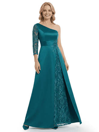 Chicsew Mother of The Bride Dresses One Shoulder 3/4 Sleeve Lace Satin Maxi Gown Unique Side Slit Formal Wedding Event Attire