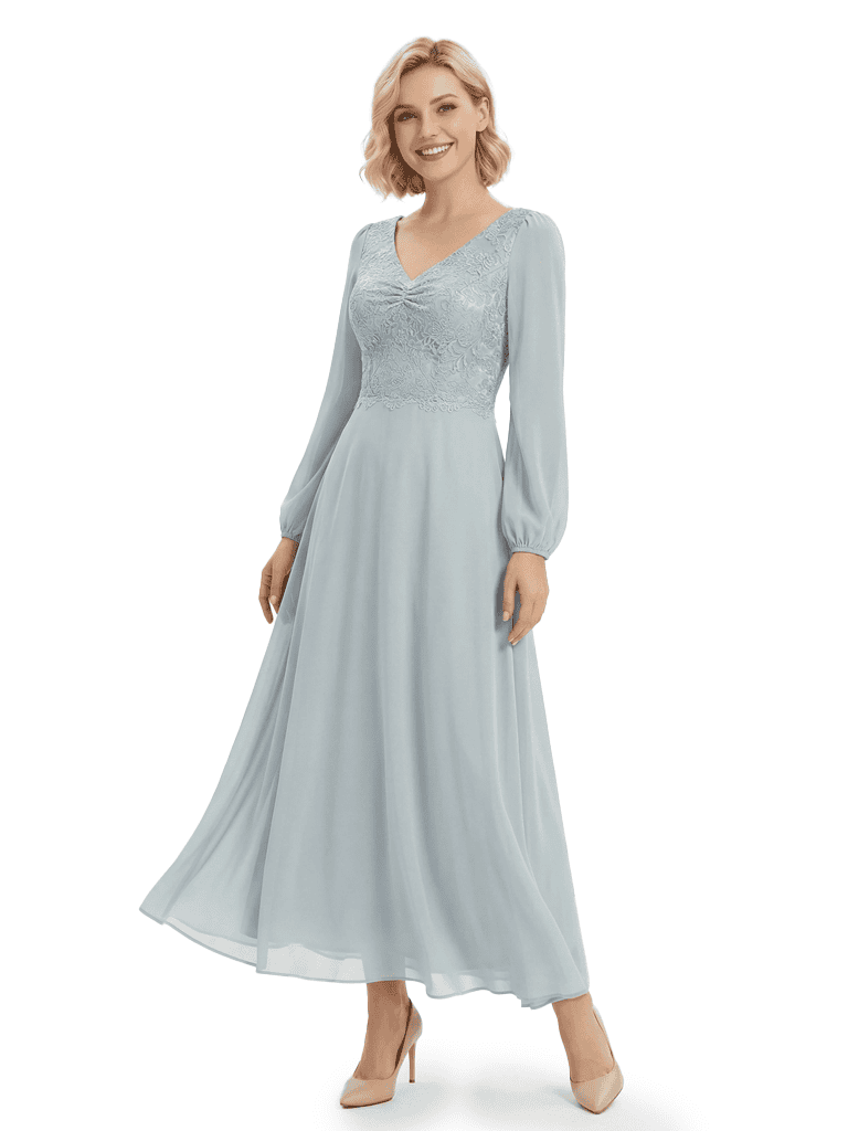Chicsew Mother of The Bride Dresses Stylish V-Neck Long Sleeve Lace Chiffon Maxi Gown Pretty Flowy Formal Wedding Event Dress