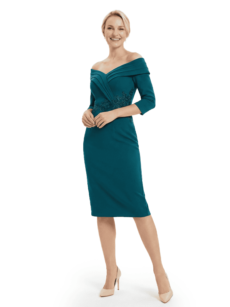 Chicsew Mother of The Groom Dresses Off The Shoulder 3/4 Sleeve Satin Sheath Midi Dress Pretty Lace Detailed Formal Bridal Party Attire