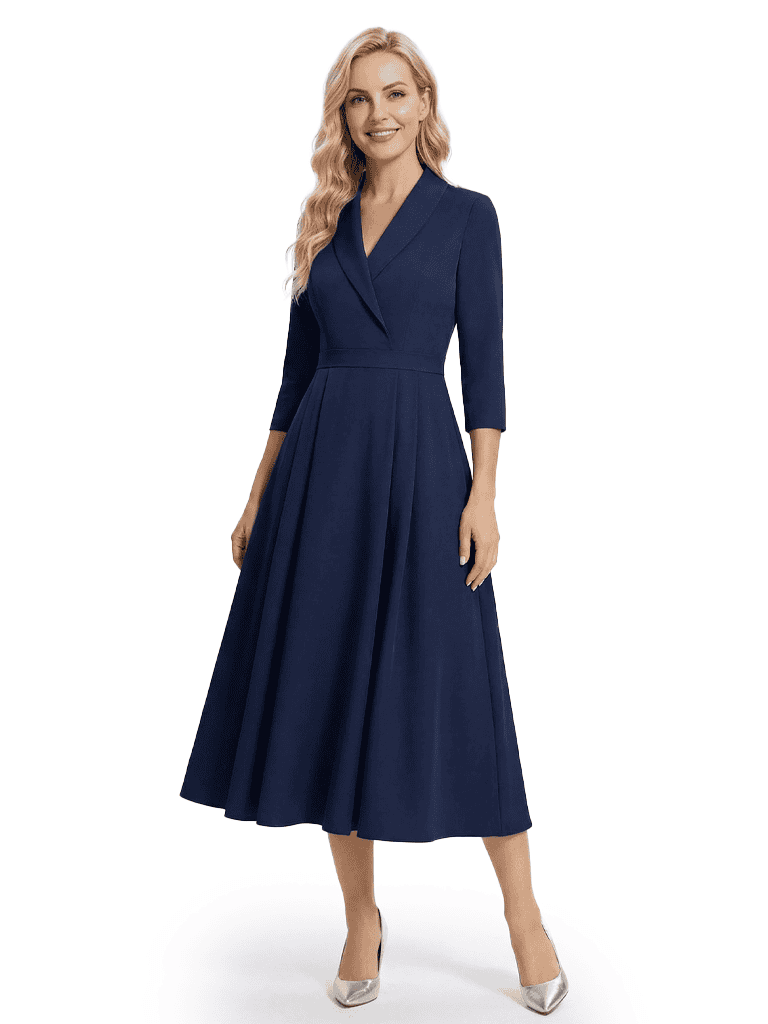 Chicsew Mother of The Bride Dresses V-Neck 3/4 Sleeve Satin Tea Length Crepe Gown Elegant Flowy Formal Wedding Event Attire