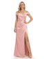 Gorgeous Mother of The Bride Dresses Off Shoulder Satin Maxi Gown With Slit Unique Ruched Buckled Formal Wedding Dress