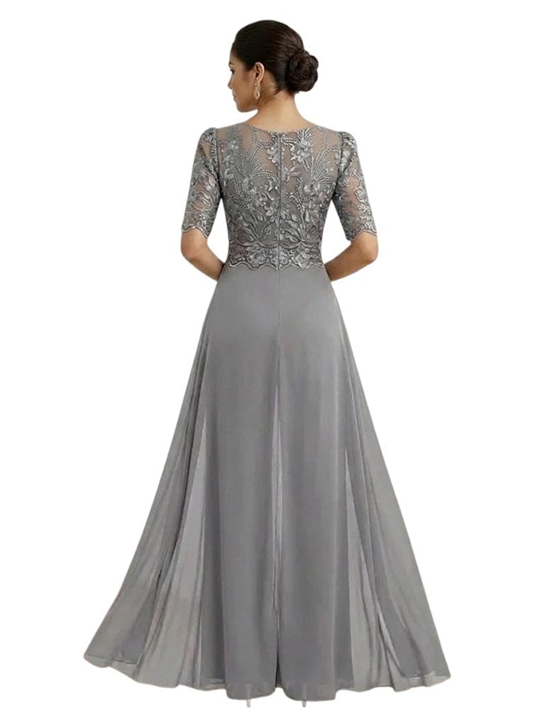 Elegant V-neck Chiffon And Lace Half Sleeves Pantsuit For Mother Of The Bride OverSkirt