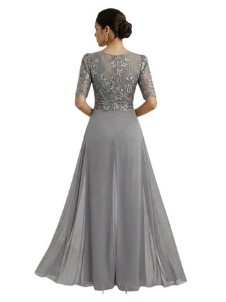 Elegant V-neck Chiffon And Lace Half Sleeves Pantsuit For Mother Of The Bride OverSkirt