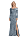 Glamorous Sequin Long Sleeves Mother of the Groom Dress with Floral Shoulder Accent