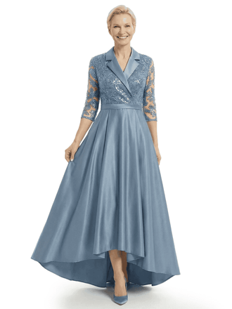 Timeless Scalloped V-Neck Lace Satin Mother of the Bride Gown With Sleeve