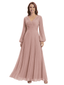 Elegant Pleated Mother of the Bride Gown V-Neck Bishop Sleeve Flowy Chiffon Maxi Dress