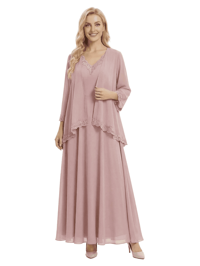 Modest V-Neck Chiffon Mother of the Bride Dress with Lace Trimmed Jacket