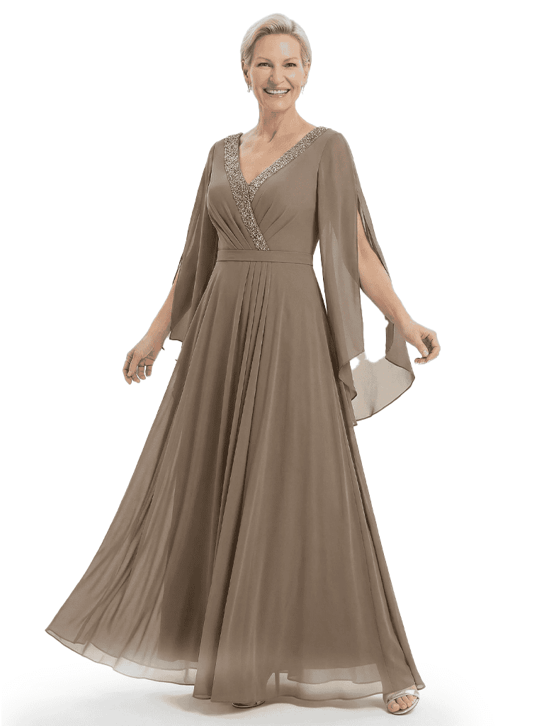 Modern V-Neck Mother of the Bride Dresses A-Line Chiffon Pleated Floor Length Formal