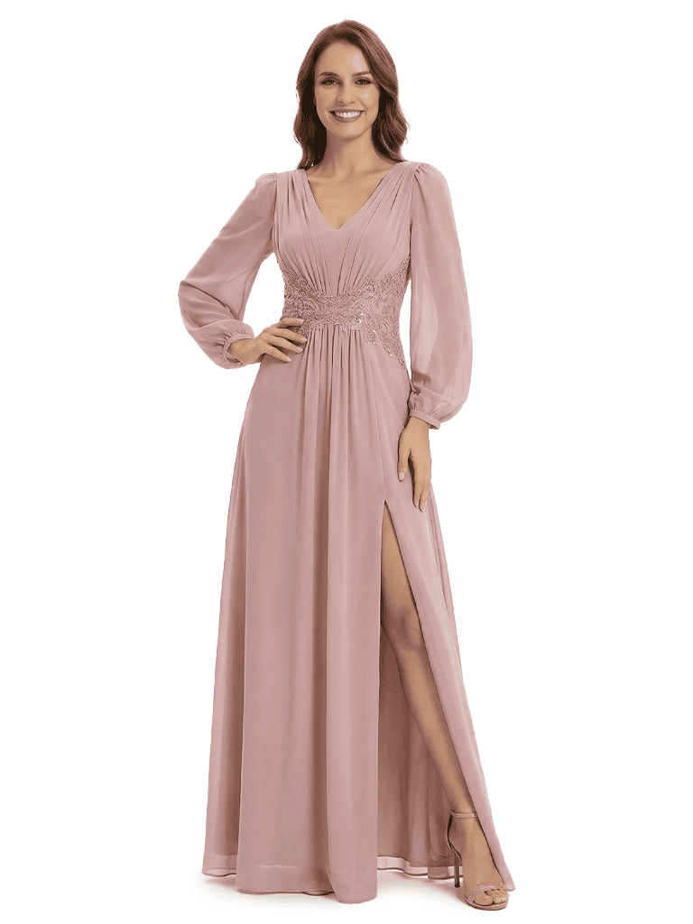 Classy V-Neck Mother of the Groom Dress Long Sleeve Chiffon Maxi Gown With Slit