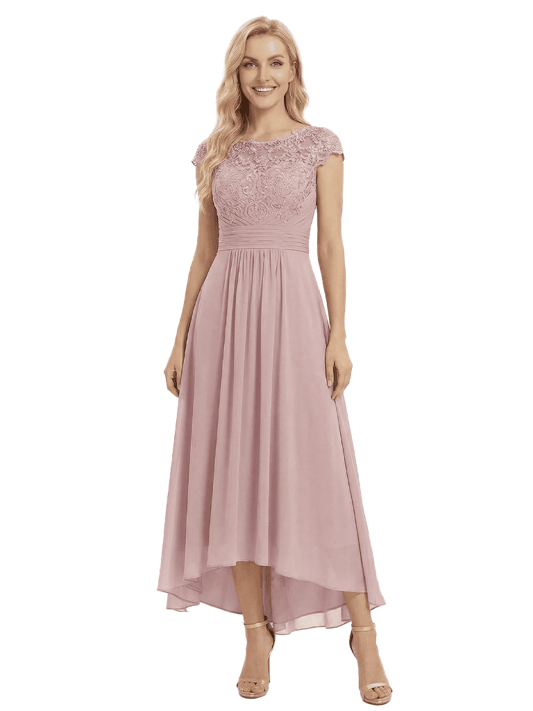 Beautiful Lace Cap Sleeves High Low Chiffon Flowy Mother of the Groom and Bride Gown