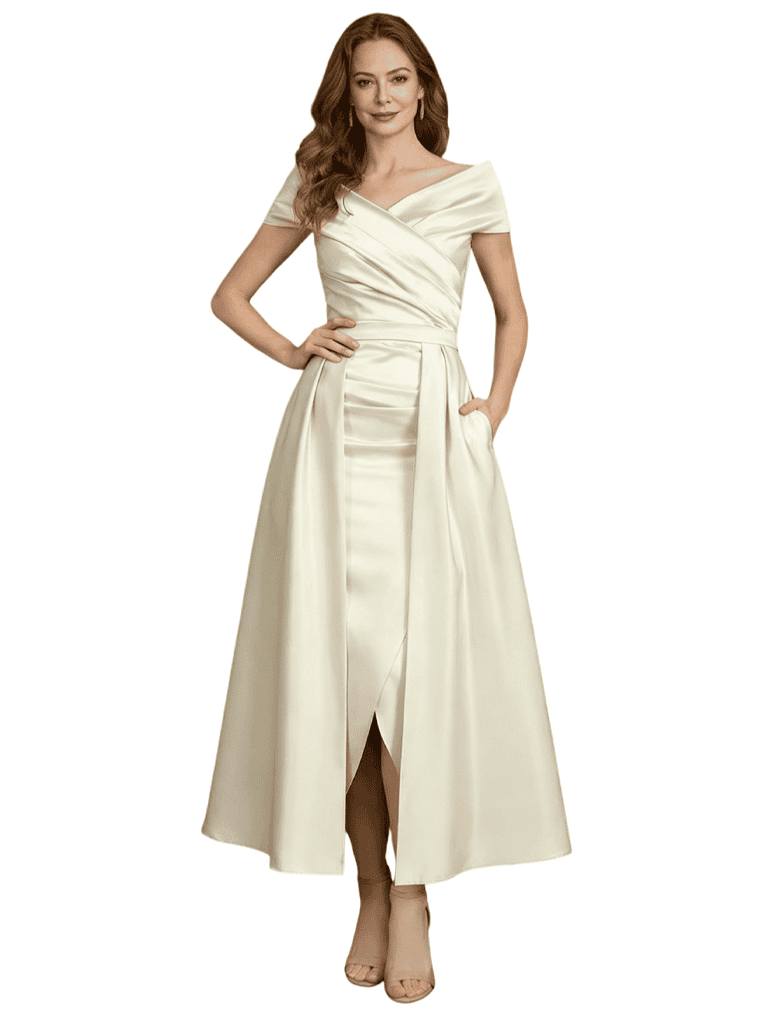Elegant Off The Shoulder Satin Short Mother Of The Bride Dresses Overskirt